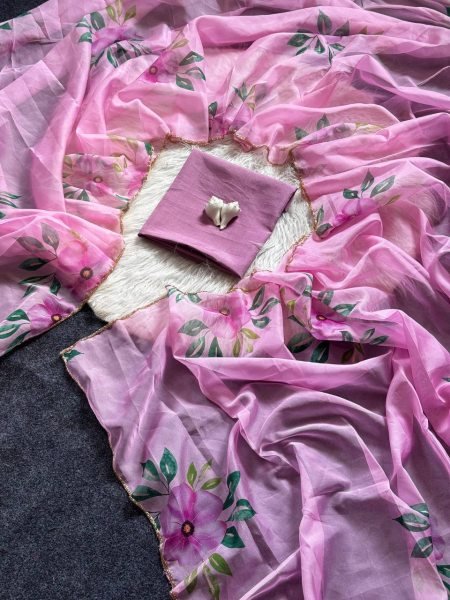 Captivating Pink Teby Silk Floral Print Saree with Cut Dana Arco Border for Wedding Silk Sarees Wholesale