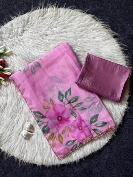 Captivating Pink Teby Silk Floral Print Saree with Cut Dana Arco Border for Wedding Silk Sarees Wholesale