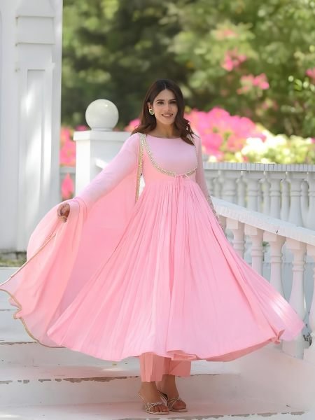 Captivating Pink Vichitra Silk Fully Stitched Anarkali Suit for Women 