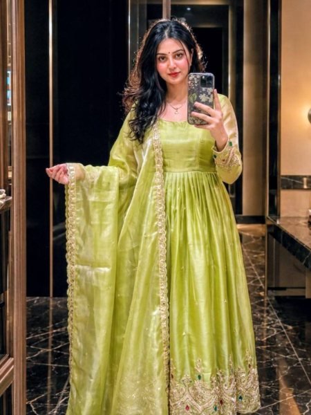 Captivating Premium Green ZMY Silk Gown Pant And Dupatta Set with Embroidered And Stone Work In Suits Ready To Wear Collection