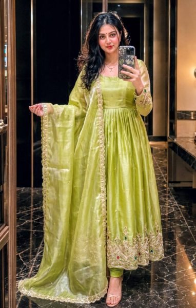 Captivating Premium Green ZMY Silk Gown Pant And Dupatta Set with Embroidered And Stone Work In Suits Ready To Wear Collection