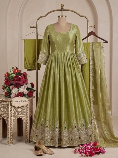 Captivating Premium Green ZMY Silk Gown Pant And Dupatta Set with Embroidered And Stone Work In Suits Ready To Wear Collection
