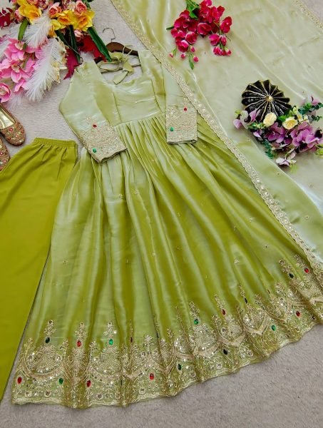 Captivating Premium Green ZMY Silk Gown Pant And Dupatta Set with Embroidered And Stone Work In Suits Ready To Wear Collection