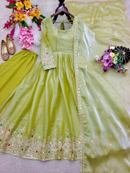 Captivating Premium Green ZMY Silk Gown Pant And Dupatta Set with Embroidered And Stone Work In Suits Ready To Wear Collection