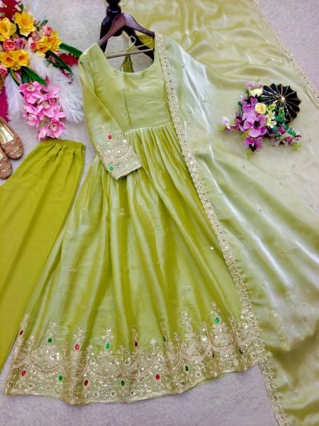 Captivating Premium Green ZMY Silk Gown Pant And Dupatta Set with Embroidered And Stone Work In Suits Ready To Wear Collection