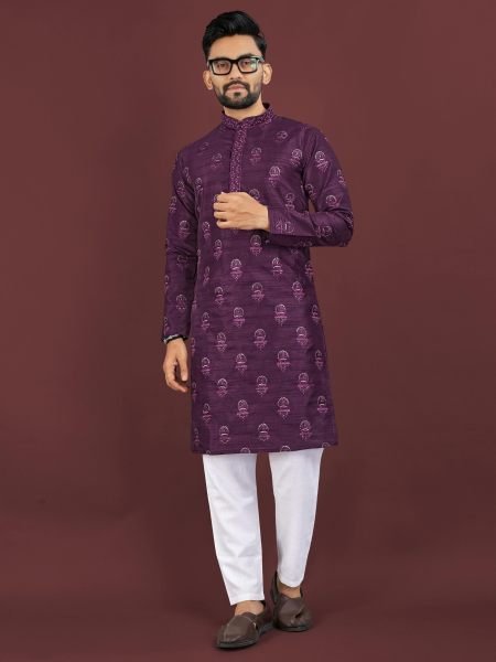 Captivating Purple Banglory Silk Men’s Kurta with Embroidered Placket at Manufacturer  