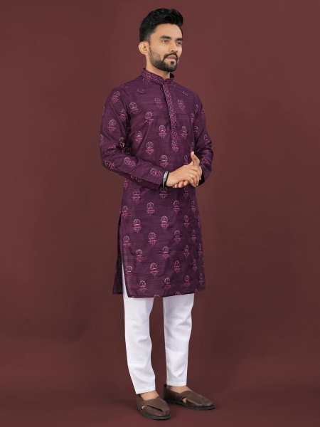Captivating Purple Banglory Silk Men’s Kurta with Embroidered Placket at Manufacturer  Kurta Pajama Wholesale