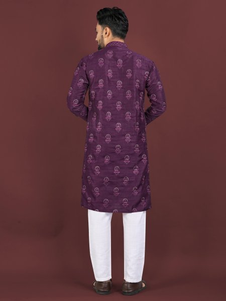 Captivating Purple Banglory Silk Men’s Kurta with Embroidered Placket at Manufacturer  Kurta Pajama Wholesale