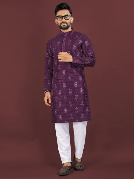 Captivating Purple Banglory Silk Men’s Kurta with Embroidered Placket at Manufacturer  Kurta Pajama Wholesale