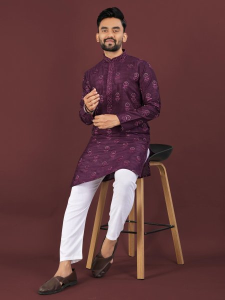 Captivating Purple Banglory Silk Men’s Kurta with Embroidered Placket at Manufacturer  Kurta Pajama Wholesale