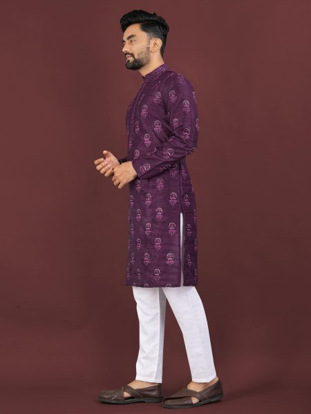 Captivating Purple Banglory Silk Men’s Kurta with Embroidered Placket at Manufacturer  Kurta Pajama Wholesale