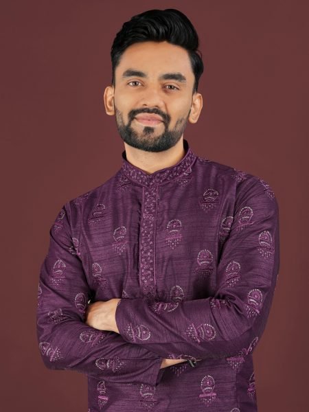 Captivating Purple Banglory Silk Men’s Kurta with Embroidered Placket at Manufacturer  Kurta Pajama Wholesale