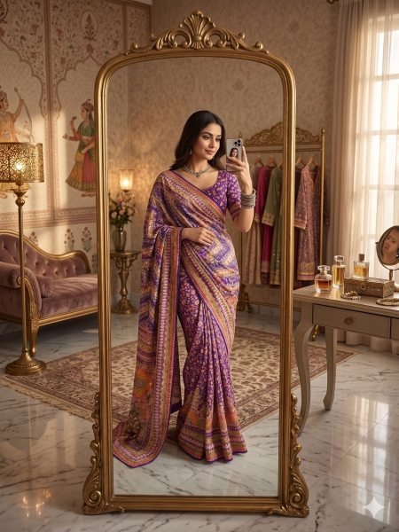 Captivating Purple Chinon Silk Saree with Real Mirror Work and Chakri Diamond Work Sarees 