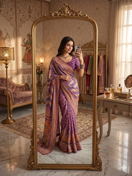 Captivating Purple Chinon Silk Saree with Real Mirror Work and Chakri Diamond Work Silk Sarees Wholesale