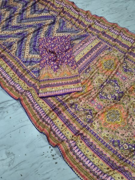 Captivating Purple Chinon Silk Saree with Real Mirror Work and Chakri Diamond Work Silk Sarees Wholesale