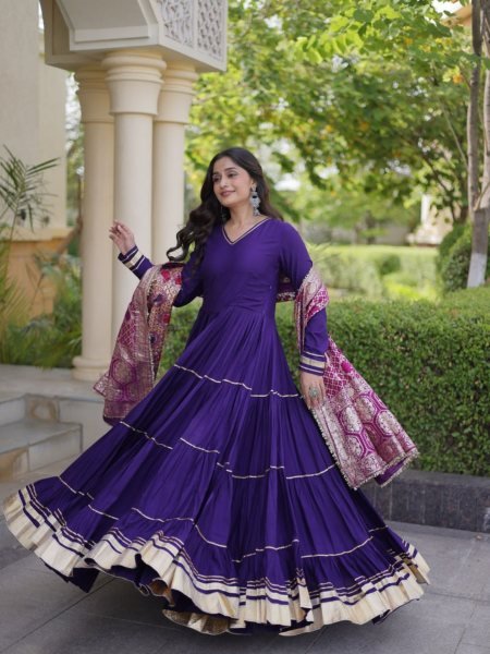 Captivating Purple Designer Rayon Gown with Gota Patti and Lampi Lace Dupatta 