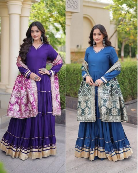 Captivating Purple Designer Rayon Gown with Gota Patti and Lampi Lace Dupatta Ready To Wear Collection
