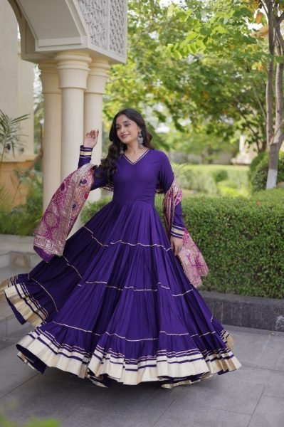 Captivating Purple Designer Rayon Gown with Gota Patti and Lampi Lace Dupatta Ready To Wear Collection