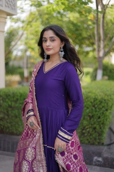 Captivating Purple Designer Rayon Gown with Gota Patti and Lampi Lace Dupatta Ready To Wear Collection