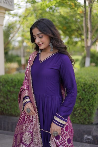 Captivating Purple Designer Rayon Gown with Gota Patti and Lampi Lace Dupatta Ready To Wear Collection