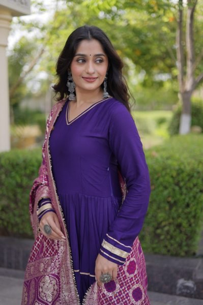 Captivating Purple Designer Rayon Gown with Gota Patti and Lampi Lace Dupatta Ready To Wear Collection