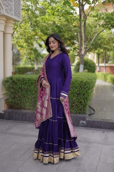 Captivating Purple Designer Rayon Gown with Gota Patti and Lampi Lace Dupatta Ready To Wear Collection