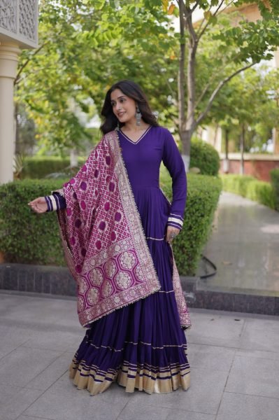 Captivating Purple Designer Rayon Gown with Gota Patti and Lampi Lace Dupatta Ready To Wear Collection