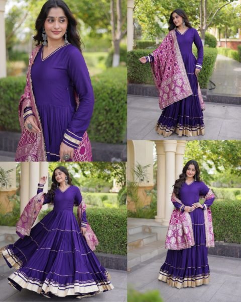 Captivating Purple Designer Rayon Gown with Gota Patti and Lampi Lace Dupatta Ready To Wear Collection