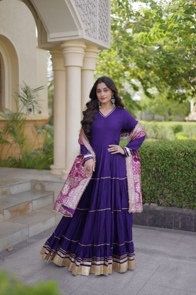Captivating Purple Designer Rayon Gown with Gota Patti and Lampi Lace Dupatta Ready To Wear Collection