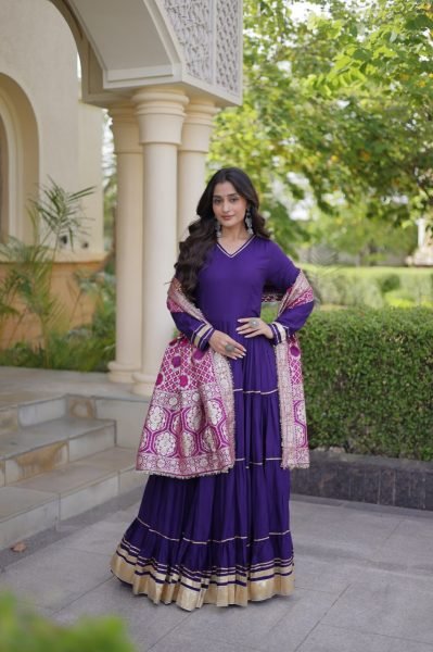 Captivating Purple Designer Rayon Gown with Gota Patti and Lampi Lace Dupatta Ready To Wear Collection