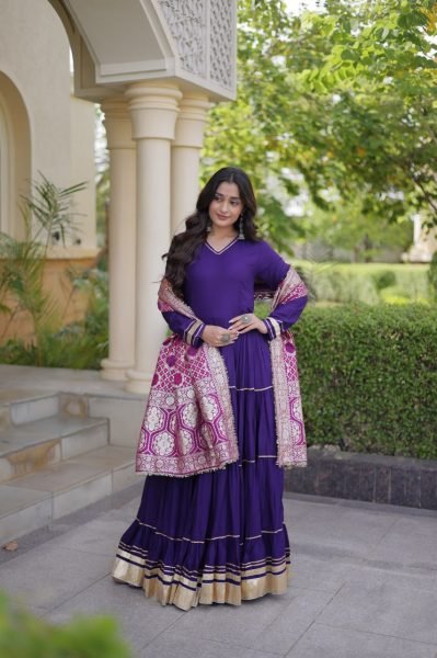 Captivating Purple Designer Rayon Gown with Gota Patti and Lampi Lace Dupatta Ready To Wear Collection