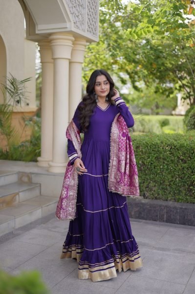 Captivating Purple Designer Rayon Gown with Gota Patti and Lampi Lace Dupatta Ready To Wear Collection