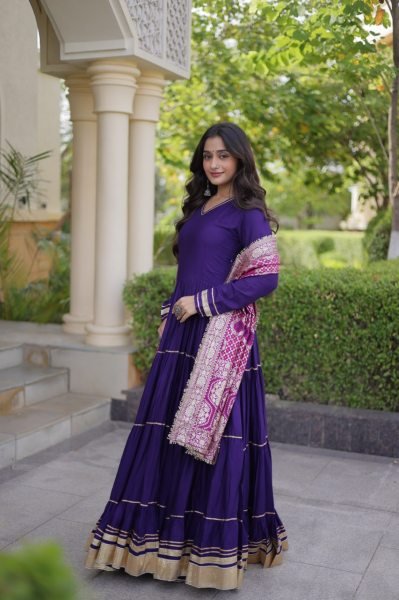 Captivating Purple Designer Rayon Gown with Gota Patti and Lampi Lace Dupatta Ready To Wear Collection