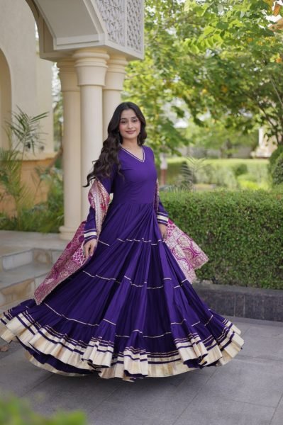 Captivating Purple Designer Rayon Gown with Gota Patti and Lampi Lace Dupatta Ready To Wear Collection