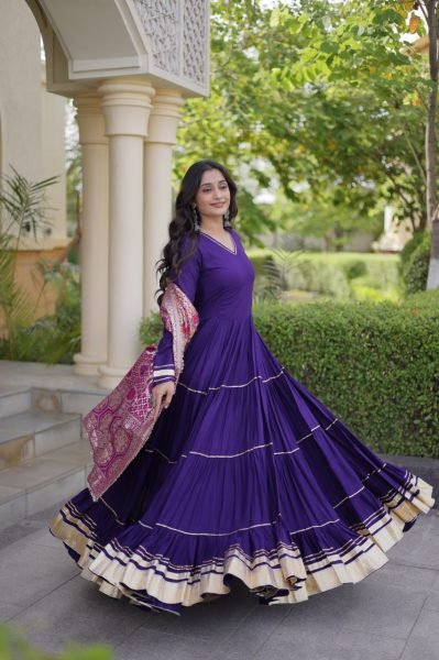 Captivating Purple Designer Rayon Gown with Gota Patti and Lampi Lace Dupatta Ready To Wear Collection