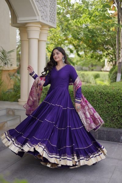 Captivating Purple Designer Rayon Gown with Gota Patti and Lampi Lace Dupatta Ready To Wear Collection