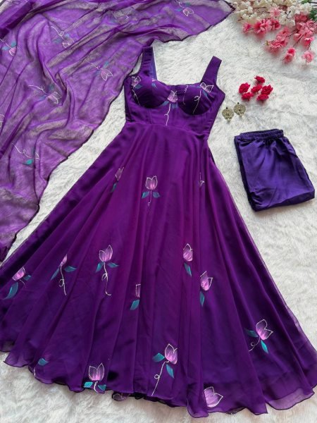 Captivating Purple Georgette Corset Anarkali Suit with Zari and Handpaint Work at Manufacturer  Ready To Wear Collection