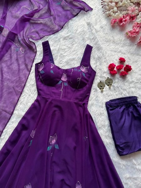 Captivating Purple Georgette Corset Anarkali Suit with Zari and Handpaint Work at Manufacturer  Ready To Wear Collection