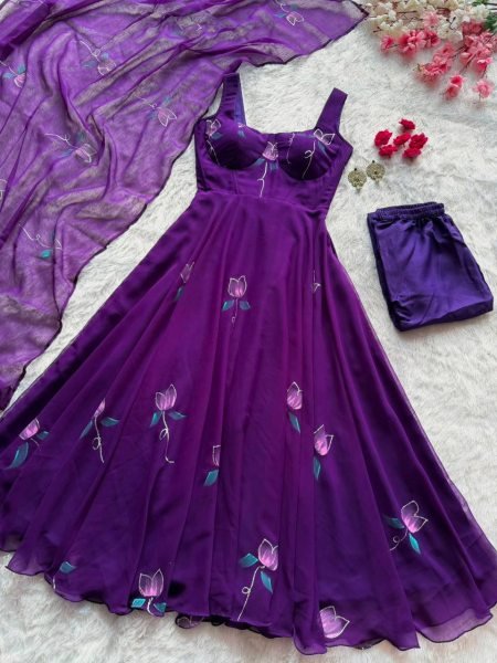 Captivating Purple Georgette Corset Anarkali Suit with Zari and Handpaint Work at Manufacturer  Ready To Wear Collection