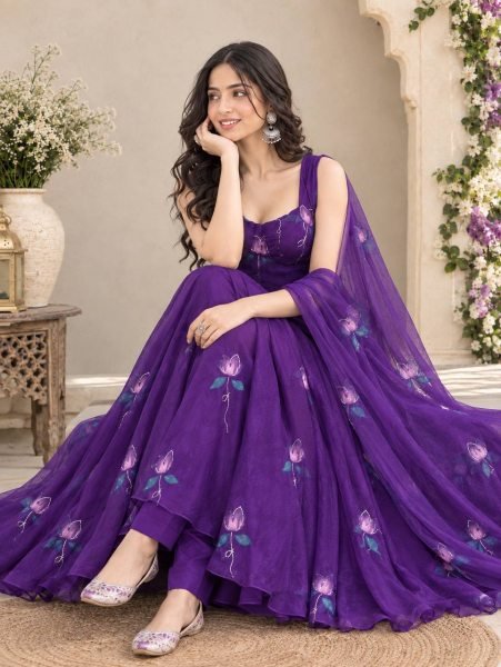 Captivating Purple Georgette Corset Anarkali Suit with Zari and Handpaint Work at Manufacturer  Ready To Wear Collection