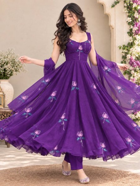 Captivating Purple Georgette Corset Anarkali Suit with Zari and Handpaint Work at Manufacturer  Ready To Wear Collection