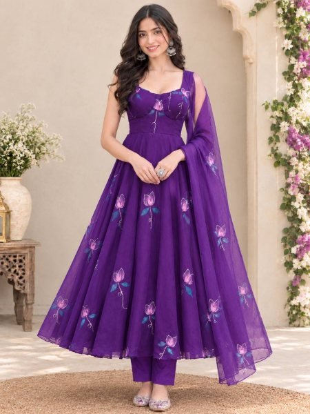 Captivating Purple Georgette Corset Anarkali Suit with Zari and Handpaint Work at Manufacturer  Ready To Wear Collection
