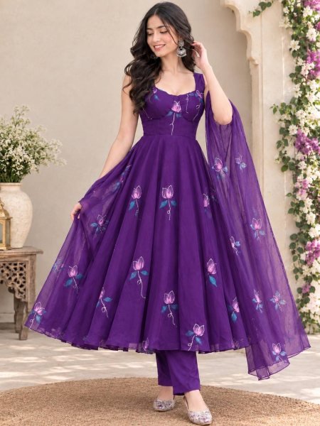 Captivating Purple Georgette Corset Anarkali Suit with Zari and Handpaint Work at Manufacturer  Ready To Wear Collection