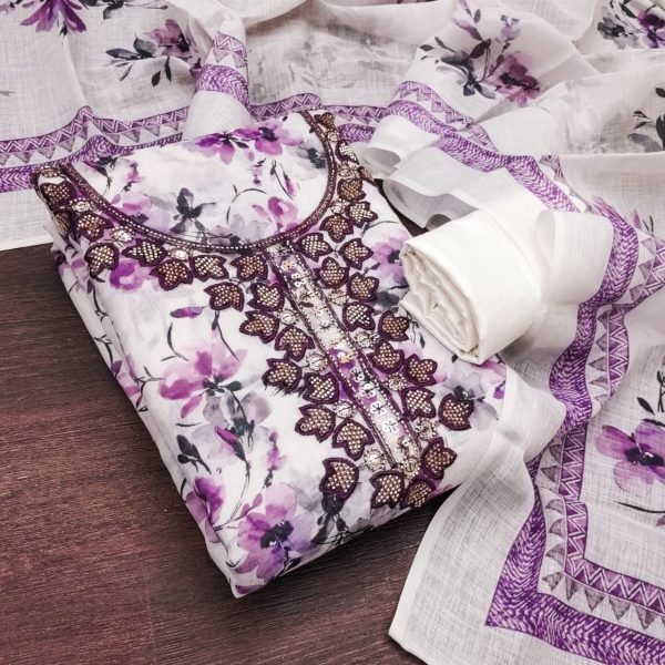 Captivating Purple Lilan Cotton Digital Print Suit Material with Bead Work for Festive Wear Punjabi Dress Materials Wholesale