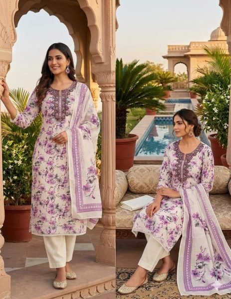 Captivating Purple Lilan Cotton Digital Print Suit Material with Bead Work for Festive Wear Punjabi Dress Materials Wholesale