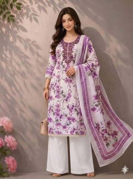 Captivating Purple Lilan Cotton Digital Print Suit Material with Bead Work for Festive Wear Punjabi Dress Materials Wholesale