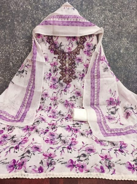 Captivating Purple Lilan Cotton Digital Print Suit Material with Bead Work for Festive Wear Punjabi Dress Materials Wholesale
