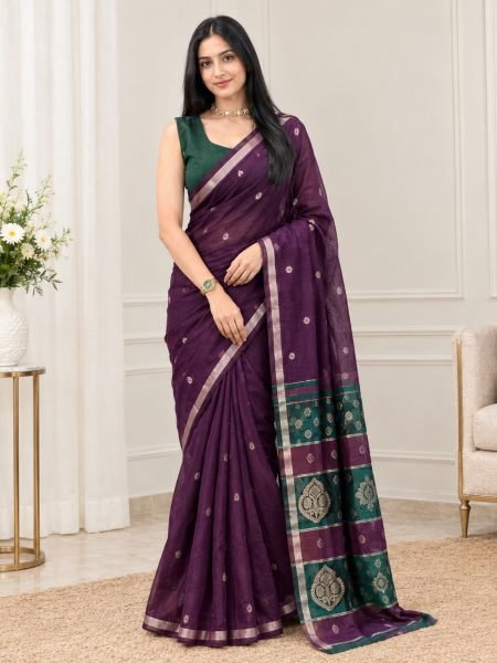 Captivating Purple Maheshwari Cotton Saree with Contrast Floral Border For Festival Sarees 