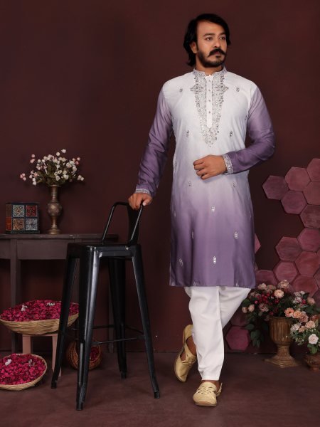 Captivating Purple Men’s Cotton Silk Embroidered Kurta Pyjama Set For Party Kurta Pajama Wholesale
