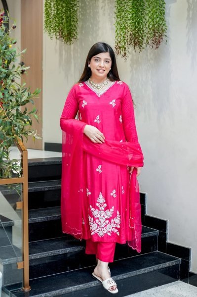 Captivating Rani Pink Embroidered Muslin Salwar Suit with Dupatta  Anarkali Kurtis 